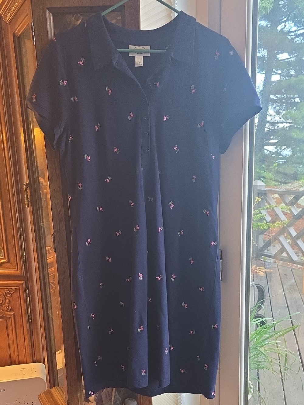 Talbots Navy Polo Midi Dress with Pink Floral Embroidery